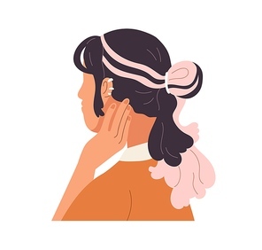 Modern girl profile with coloured dyed hair, strands. Trendy faceless portrait of young fashion woman hiding face. Female character. Colored flat vector illustration isolated on white .
