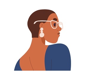 Young woman face profile. Modern fashion beautiful girl portrait, wearing glasses eyewear, earrings and short hair. Elegant female character. Flat vector illustration isolated on white .