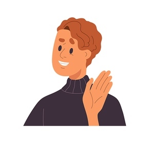 Man greeting smb with fake positive emotion, pretending friendly and happy. Person smiling, concealing real reaction with false face expression. Flat vector illustration isolated on white .