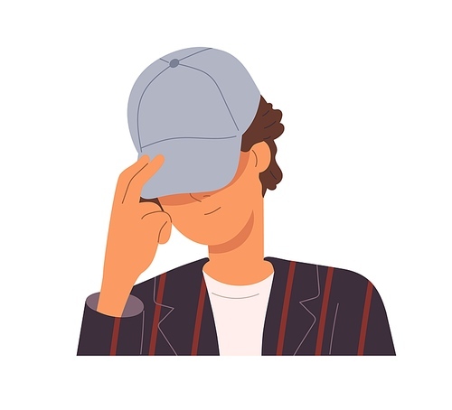 Man hiding face behind caps visor. Cool young guy stranger, head portrait. Incognito in headwear, anonymous unknown person, character avatar. Flat vector illustration isolated on white .