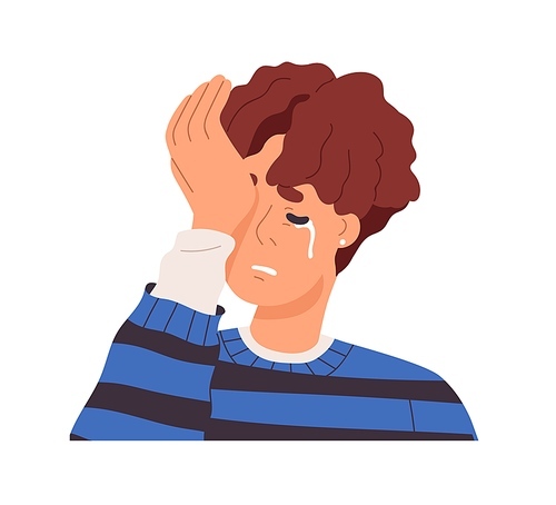 Person in despair, grief, crying, shedding tears. Young man weeping with unhappy upset face expression, desperate negative emotion. Flat graphic vector illustration isolated on white .