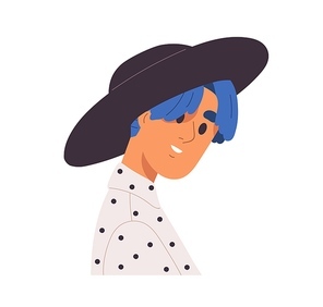 Modern trendy man portrait. Happy young guy with colored coloured hair and hat. Creative person with smiling positive face expression, emotion. Flat vector illustration isolated on white .