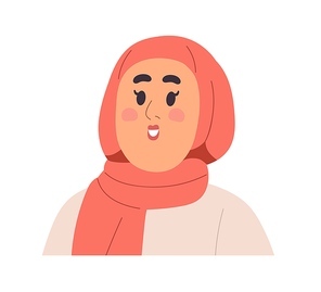 Arab woman in hijab, islam head scarf. Happy smiling Arabian girl wearing headwear, kerchief and face makeup. Modern Saudi female portrait. Flat vector illustration isolated on white .