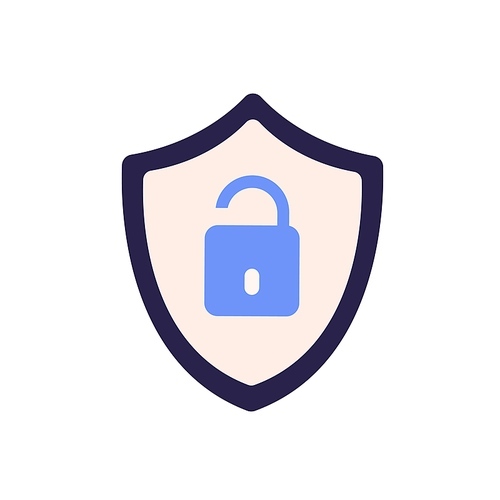 Open unlocked padlock in shield icon. Cyber attack symbol, insecure unsafe bad hacked password, access to secret and privacy concept. Flat vector illustration isolated on white .