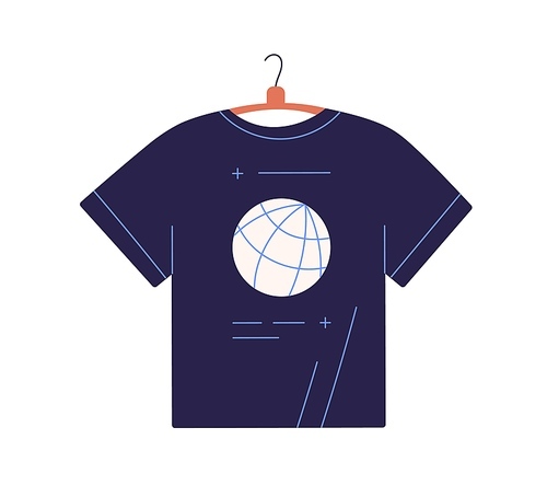 T-shirt on wood hanger. Casual tshirt, men clothing hanging. Male garment, apparel with Globe, Earth planet printed image. Flat graphic vector illustration isolated on white .