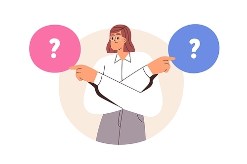 Choice, dilemma concept. Business woman choosing, making decision. Puzzled confused employee thinking, deciding between two options. Flat graphic vector illustration isolated on white .