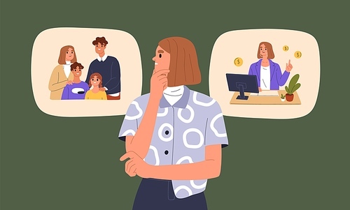 Woman comparing, choosing, deciding between family and career. Work-life balance concept, female choice of children, marriage or business. Dilemma motherhood or office. Flat vector illustration.
