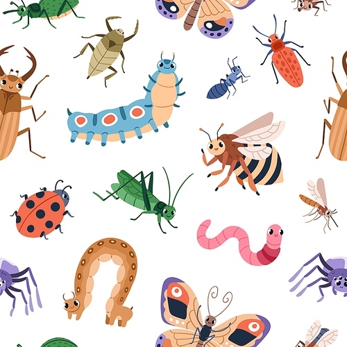 Seamless childish pattern with cute happy insects. Endless background with funny beetles, bugs, worms repeating print. Kids texture with bee, ladybug, butterfly. Colorful flat vector illustration.