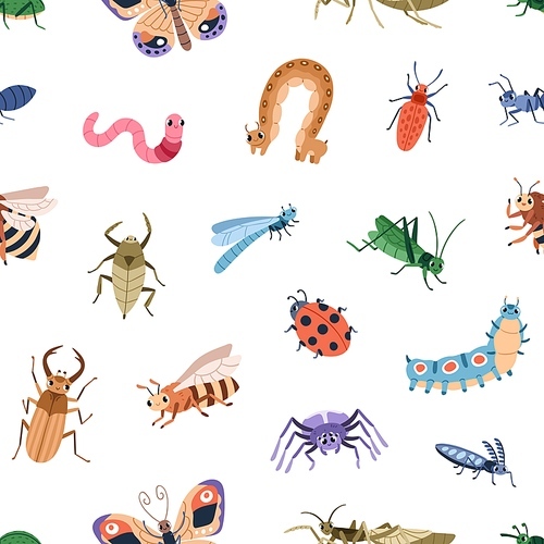 Seamless repeating pattern with cute insects. Endless kids background with happy beetles, caterpillars, ladybirds. Texture design, print funny bugs. Childish colored flat graphic vector illustration.