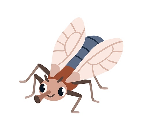 Cute fly insect. Happy sweet bug with wings and proboscis. Childish character with smiling face expression, positive emotion. Flat graphic vector illustration isolated on white .