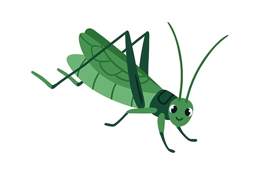 Grasshopper, cute insect with long legs and antennae. Funny green grass hopper, happy amusing childish character from wild nature. Flat cartoon graphic vector illustration isolated on white .