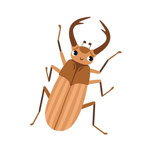 Cute chafer, May bug. Funny maybug character, childish insect. Happy smiling cockchafer, top view. Lovely spring beetle, baby maybeetle. Flat cartoon vector illustration isolated on white .