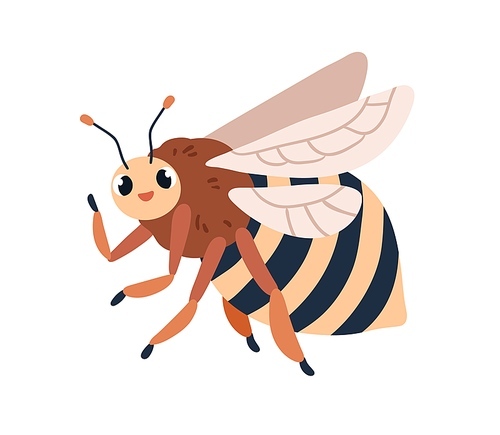 Cute bumblebee flying and greeting with hi gesture. Happy smiling insect, baby character. Funny plump fat bug with wings flies. Flat graphic vector illustration isolated on white .