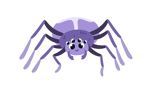 Happy cute spider with eyes and legs. Funny arachnid, childish character. Smiling comic insect with positive expression, emotion. Kids flat vector illustration isolated on white .