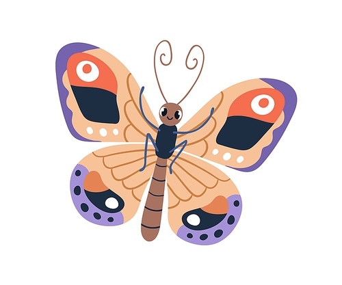 Cute butterfly character. Happy funny beautiful insect with positive face expression. Fairytale tropical moth with wings flying. Childish flat vector illustration isolated on white .