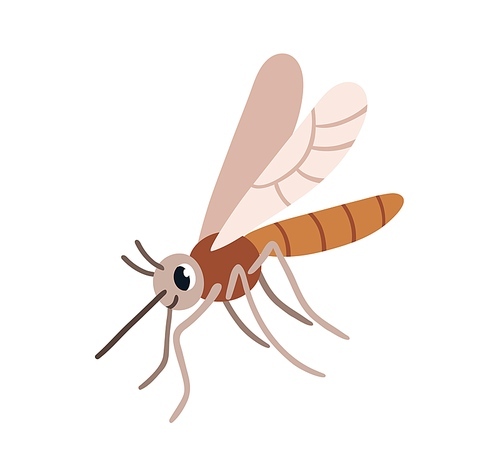 Cute mosquito. Funny gnat insect with wings and proboscis, trunk. Happy smiling sweet adorable flying character. Childish flat graphic vector illustration isolated on white .