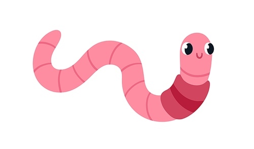 Cute earth worm. Happy smiling earthworm crawling. Amusing adorable insect character, grub with positive cheerful face expression. Childish flat vector illustration isolated on white .