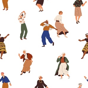 Old people at dance party pattern. Seamless background design with senior men, women dancing to music. Elderly characters repeating print, endless texture for decor. Flat graphic vector illustration.