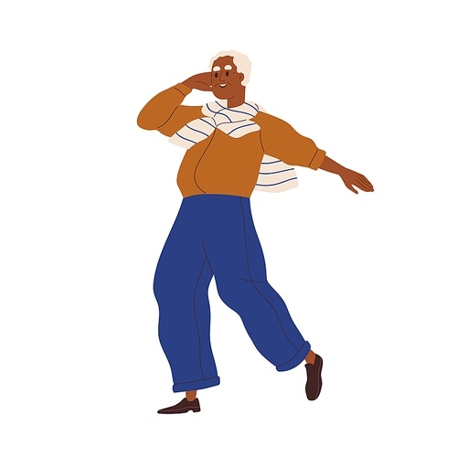 Senior black man dancing. Happy active gray-haired old person moving to music. Excited elderly aged African-American in modern stylish clothes. Flat vector illustration isolated on white .