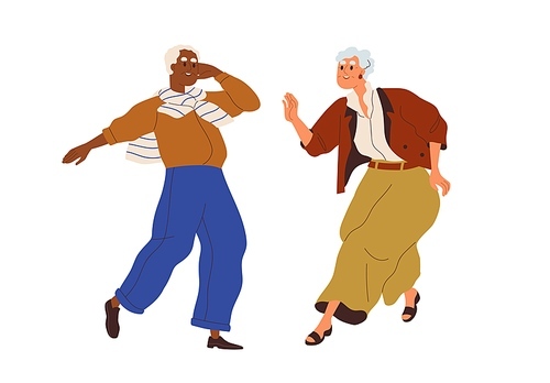 Senior biracial couple dance. Happy elderly woman and man of different race dancing. Active old spouse moving to music with fun and joy. Flat graphic vector illustration isolated on white .