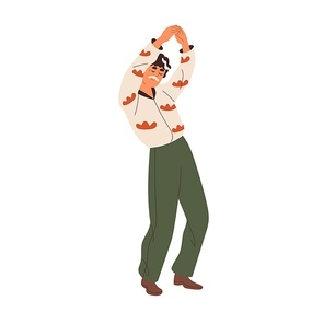Elderly man dancing. Happy stylish male character enjoying, moving music. Positive smiling mature person of senior age dances with joy. Flat graphic vector illustration isolated on white .