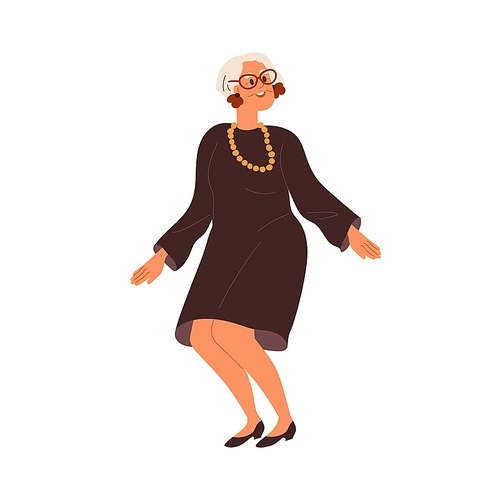 Senior woman dancing, wearing elegant evening dress, accessories, jewelry. Happy old lady dances. Elderly gray female moving to music. Flat graphic vector illustration isolated on white .