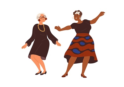 Senior women dance to music. Happy elderly ladies of different race dancing with joy, fun. Active modern old people grannies in movement. Flat graphic vector illustration isolated on white .
