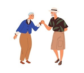 Happy couple of old senior woman and man dancing. Elderly aged spouse dance. Modern smiling retired people, wife and husband moving to music. Flat vector illustration isolated on white .
