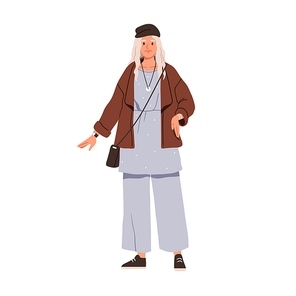 Modern senior woman wearing fashion clothes and accessories. Stylish elderly lady dressed in casual outfit, apparel. Aged old person. Flat graphic vector illustration isolated on white .