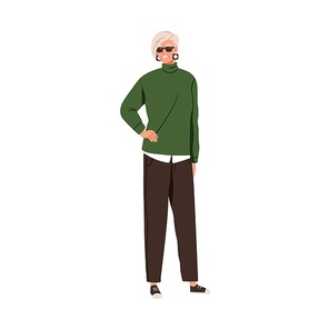 Modern elderly woman in fashion casual clothes. Happy smiling old lady wearing stylish apparel. Senior female character in sunglasses. Flat graphic vector illustration isolated on white .