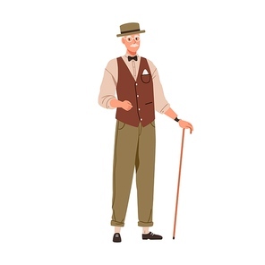 Senior man with cane, wearing elegant clothes and hat. Elderly gentleman in fashion apparel, vest and bow. Old aged noble person portrait. Flat graphic vector illustration isolated on white .