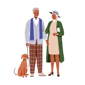 Senior couple of modern elderly man and woman. Old aged spouse with dog. Older Latin American family in fashion clothes, elegant apparel. Flat graphic vector illustration isolated on white .