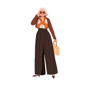 Modern senior woman wearing trendy clothes, apparel. Elegant lady of old age in fashion outfit, accessories, sunglasses. Elderly female. Flat graphic vector illustration isolated on white .