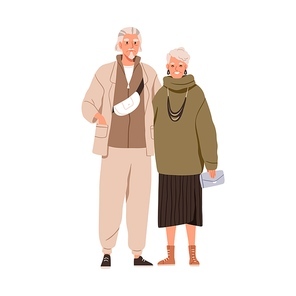 Senior couple of happy elderly man and woman in modern trendy casual apparel. Old spouse wearing fashion stylish clothes, gunshoes. Flat graphic vector illustration isolated on white .