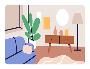 Living room, home lounge interior design. Apartment with furniture and decoration, sofa, wood chest of drawers, lamp, potted house plant. Cozy furnished livingroom. Colored flat vector illustration.