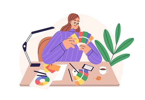 Designer picking color for design, choosing matching colour with palettes, schemes, wheels. Woman colorist, stylist, creative girl at work. Flat vector illustration isolated on white .