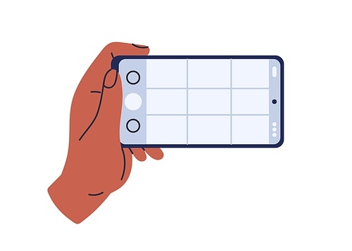 Hand holding phone, taking mobile photo. Making photograph with grid on smartphone screen. Using camera for shooting, recording video. Flat graphic vector illustration isolated on white .