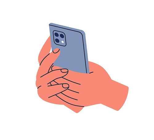 Hands holding mobile phone. Back side, panel of smartphone with cameras for taking photo. Using cellphone, telephone device, recording video. Flat vector illustration isolated on white .