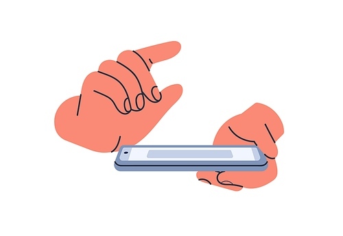 Hands holding smartphone. Using mobile phone, clicking on touch screen of cellphone with finger. Surfing online, browsing in internet. Flat vector illustration isolated on white .
