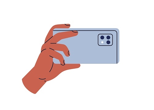 Hand taking photo with mobile phone, using smartphone camera. Holding cellphone horizontally for shooting, recording horizontal video. Flat graphic vector illustration isolated on white .