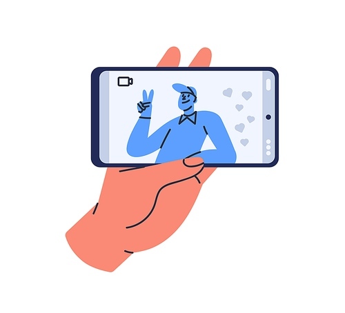 Video call via mobile phone. Hand holding smartphone with videocall app on horizontal screen. Online chat, remote digital communication concept. Flat vector illustration isolated on white .