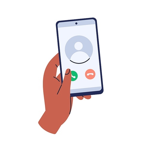 Incoming call on mobile phone. Hand holding smartphone with answer and decline buttons on screen. Finger clicking to accept on telephone display. Flat vector illustration isolated on white .