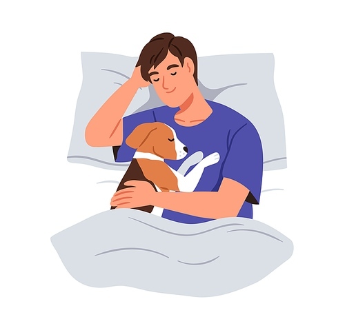 Happy person sleeping with dog in bed. Pet owner and cute doggy asleep at night. Man dreaming together with canine animal on pillow under blanket. Flat vector illustration isolated on white .