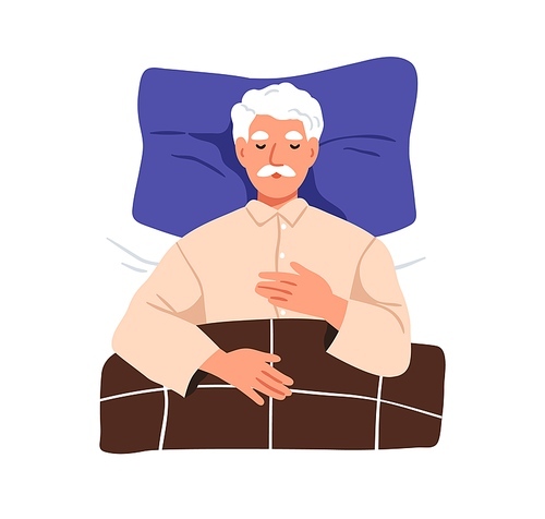 Old person sleeping in bed. Senior man dreaming, lying on back on pillow, top view. Grandfather asleep under duvet. Elderly grandpa napping alone. Flat vector illustration isolated on white .