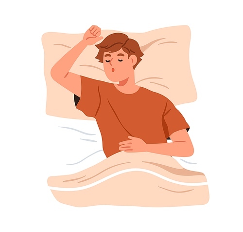 Deep sleep of person in bed, top view. Boy asleep, lying on soft pillow under duvet. Teenager sleeper in sleepwear relaxing, dreaming at night. Flat vector illustration isolated on white .