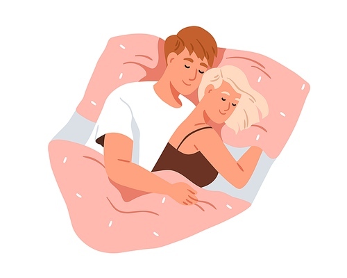 Love couple dreaming together in bed. Asleep people, romantic partners. Husband hugging wife in sleep. Man and woman lovers under blanket. Flat vector illustration isolated on white .