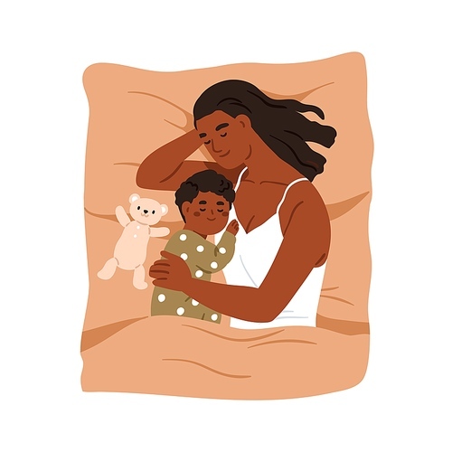 Mother and child sleeping together. Mom hugging little kid under blanket in bed. Black woman parent, toddler son asleep with teddy toy, top view. Flat vector illustration isolated on white .
