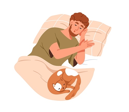 Sleeping man and cat in bed. Pet owner and cute kitty asleep at night. Person lying under blanket, dreaming, relaxing together with feline animal. Flat vector illustration isolated on white .