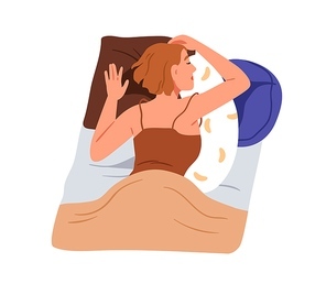 Person sleeping on stomach. Woman asleep in belly position with orthopedic pillow, lying under blanket. Girl dreaming relaxing in bed, top view. Flat vector illustration isolated on white .