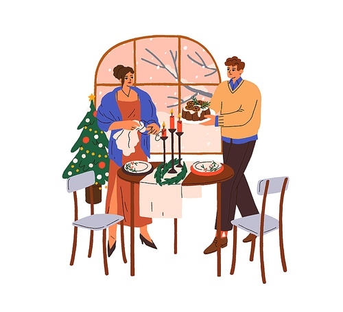 Family couple serving dining table for festive Christmas dinner. Happy man and woman with holiday meal, cake at Xmas eve. Romantic New Year party. Flat vector illustration isolated on white .